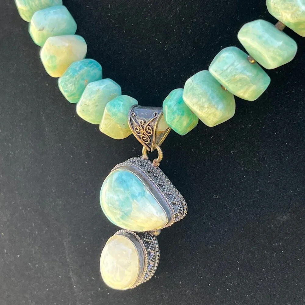 Handcrafted Amazonite, Larimar and Moonstone Beaded Necklace Bronze Tone Accents - Picture 6 of 11